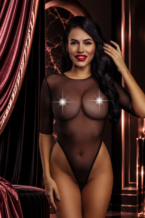 Body negro de malla transparente y pierna alta | Áurea Panther